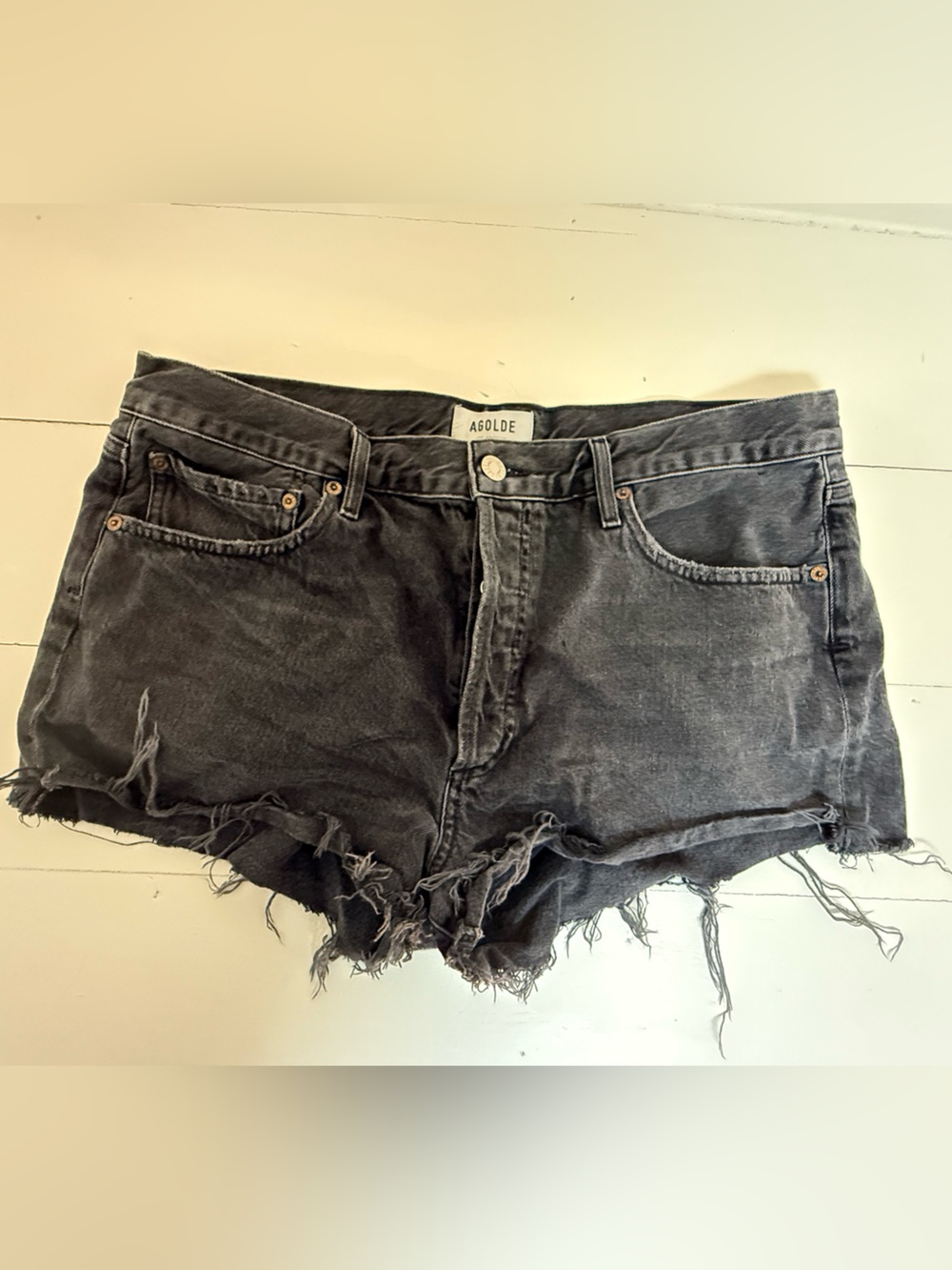 Agolde Black Distressed Denim Jean Shorts